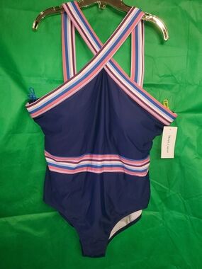 Meet.Curve Ladies 3x' Navy One-Piece Swimsuit with Pink & Blue Stripes
